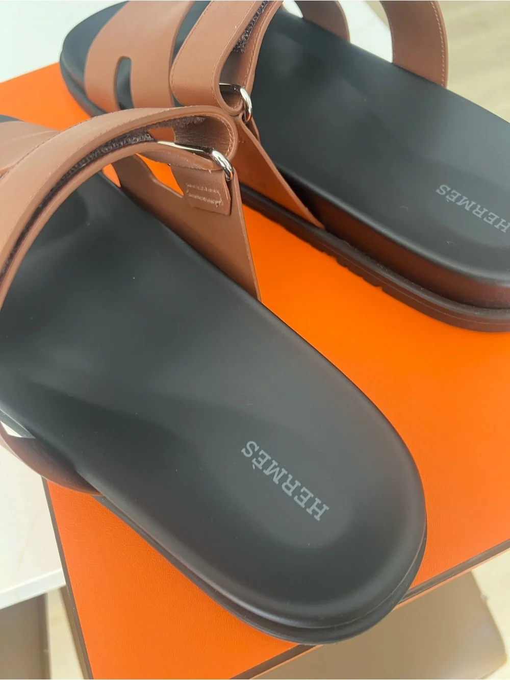 Hermes Chypre Brown Leather Slide Sandals  for Men size 46(13US)